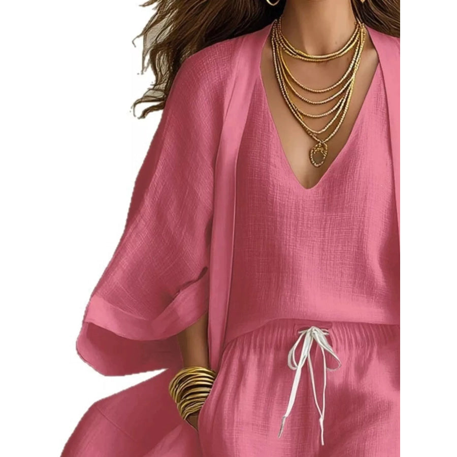 Full Size Elegant Tank and Drawstring Shorts with Cardigan 3-Piece Set Plus Size Apparel and Accessories