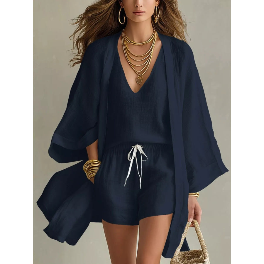 Full Size Elegant Tank and Drawstring Shorts with Cardigan 3-Piece Set Plus Size Navy Blue / XS Apparel and Accessories