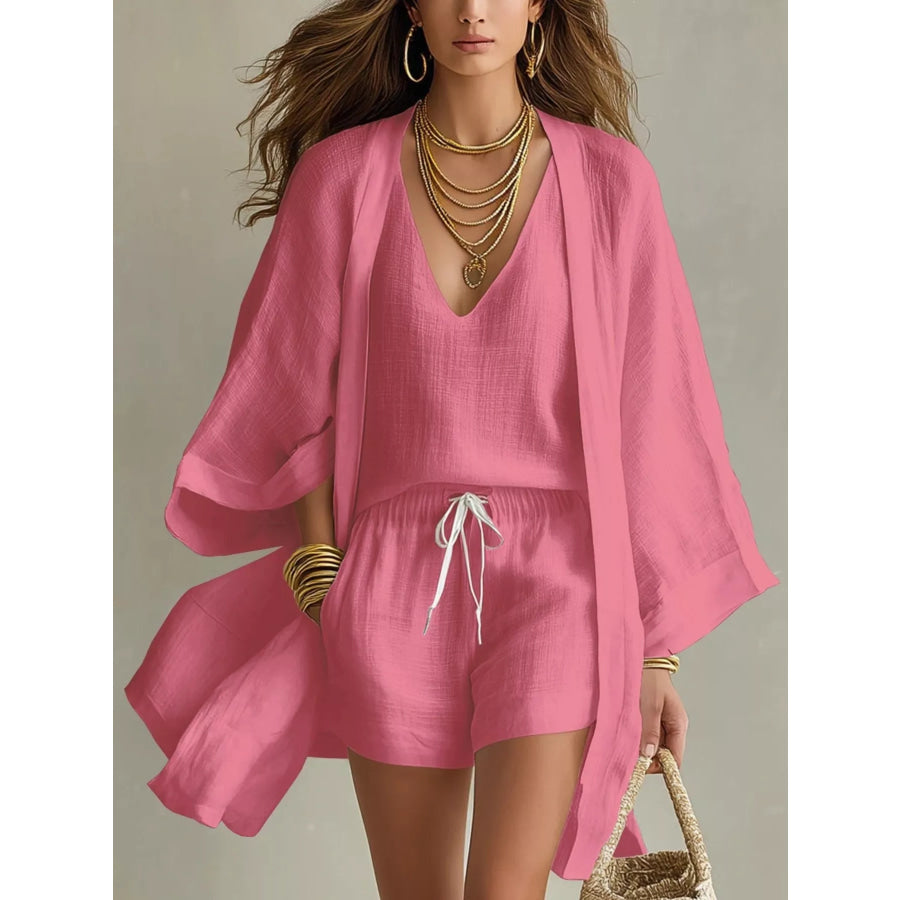 Full Size Elegant Tank and Drawstring Shorts with Cardigan 3-Piece Set Plus Size Rose Red / XS Apparel and Accessories