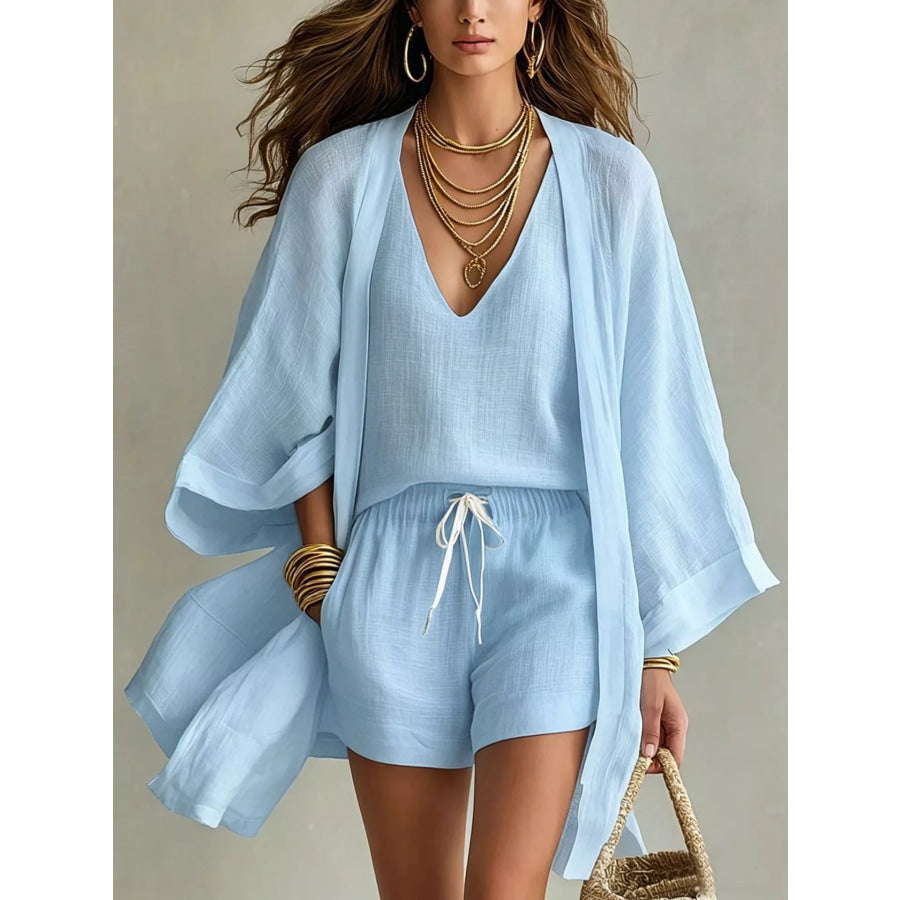 Full Size Elegant Tank and Drawstring Shorts with Cardigan 3-Piece Set Plus Size Sky Blue / XS Apparel and Accessories