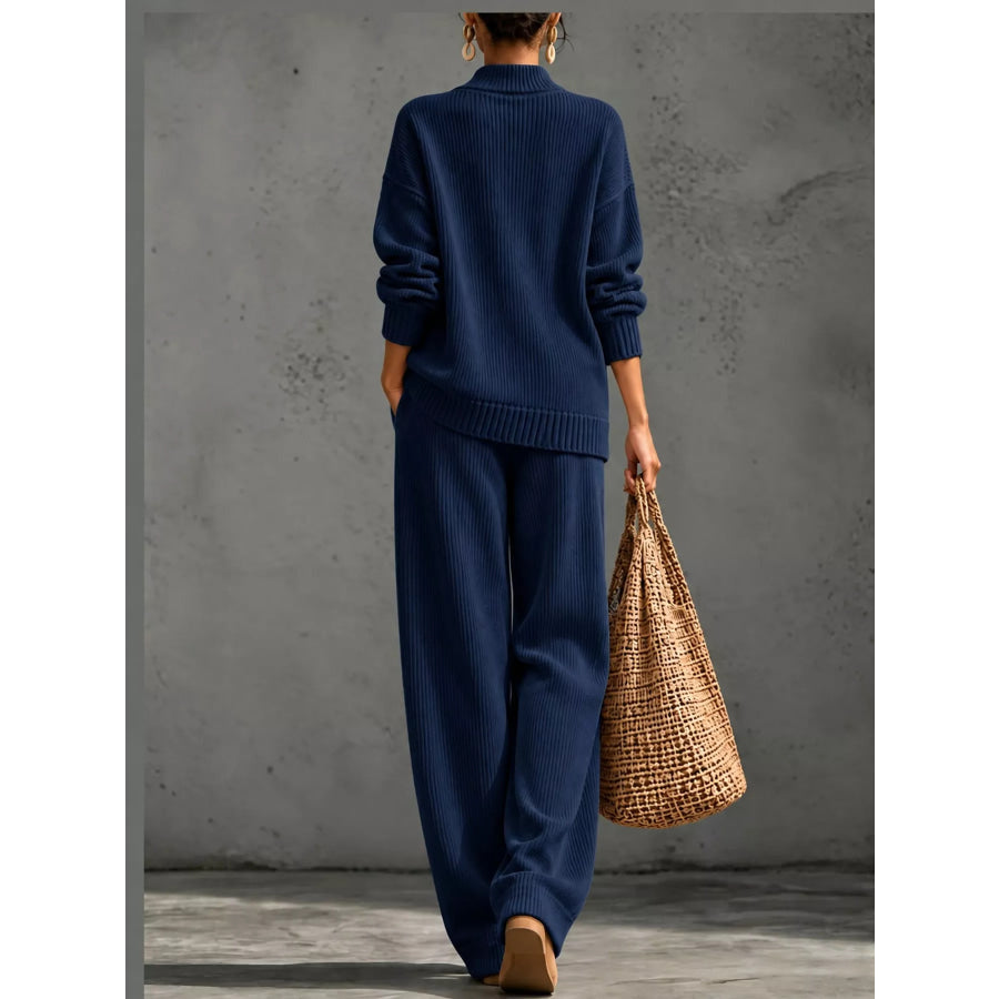 Full Size Elegant V-Neck Wrap Sweater and Wide-Leg Pants Set Plus Apparel Accessories