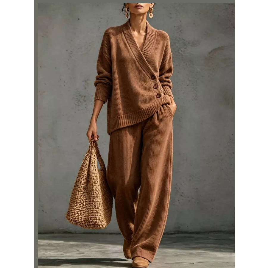 Full Size Elegant V-Neck Wrap Sweater and Wide-Leg Pants Set Plus Apparel Accessories