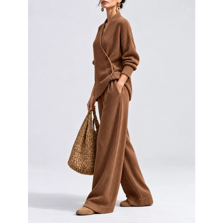 Full Size Elegant V-Neck Wrap Sweater and Wide-Leg Pants Set Plus Apparel Accessories