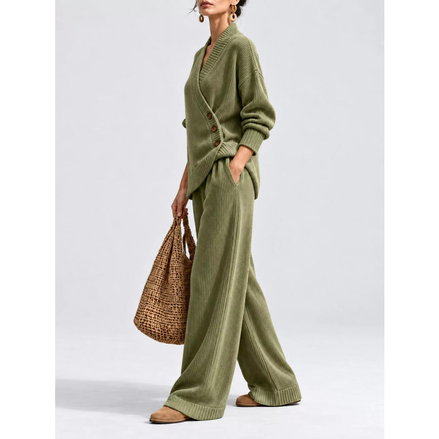 Full Size Elegant V-Neck Wrap Sweater and Wide-Leg Pants Set Plus Apparel Accessories