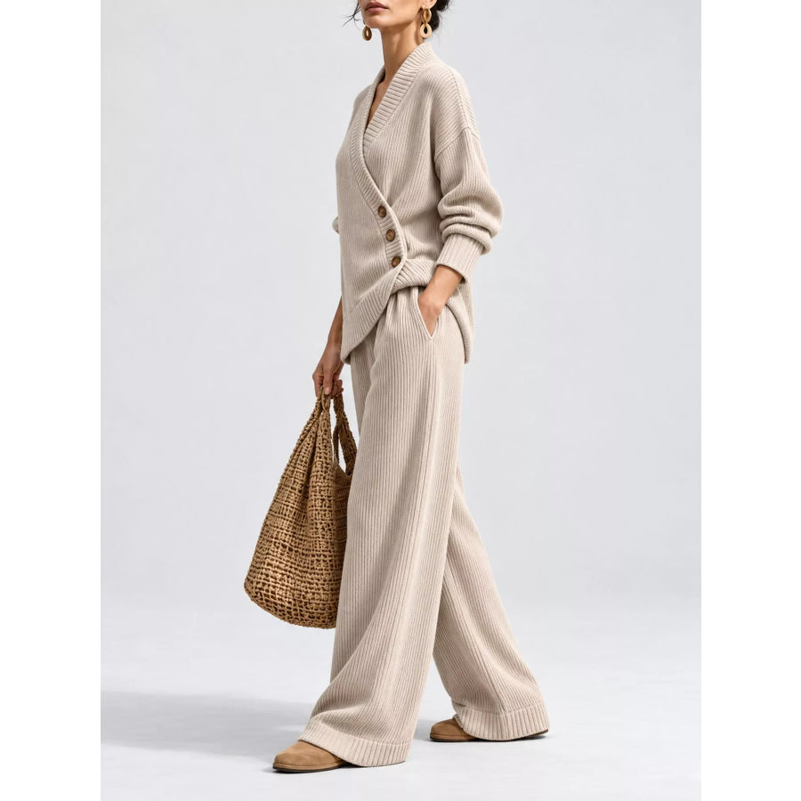 Full Size Elegant V-Neck Wrap Sweater and Wide-Leg Pants Set Plus Apparel Accessories