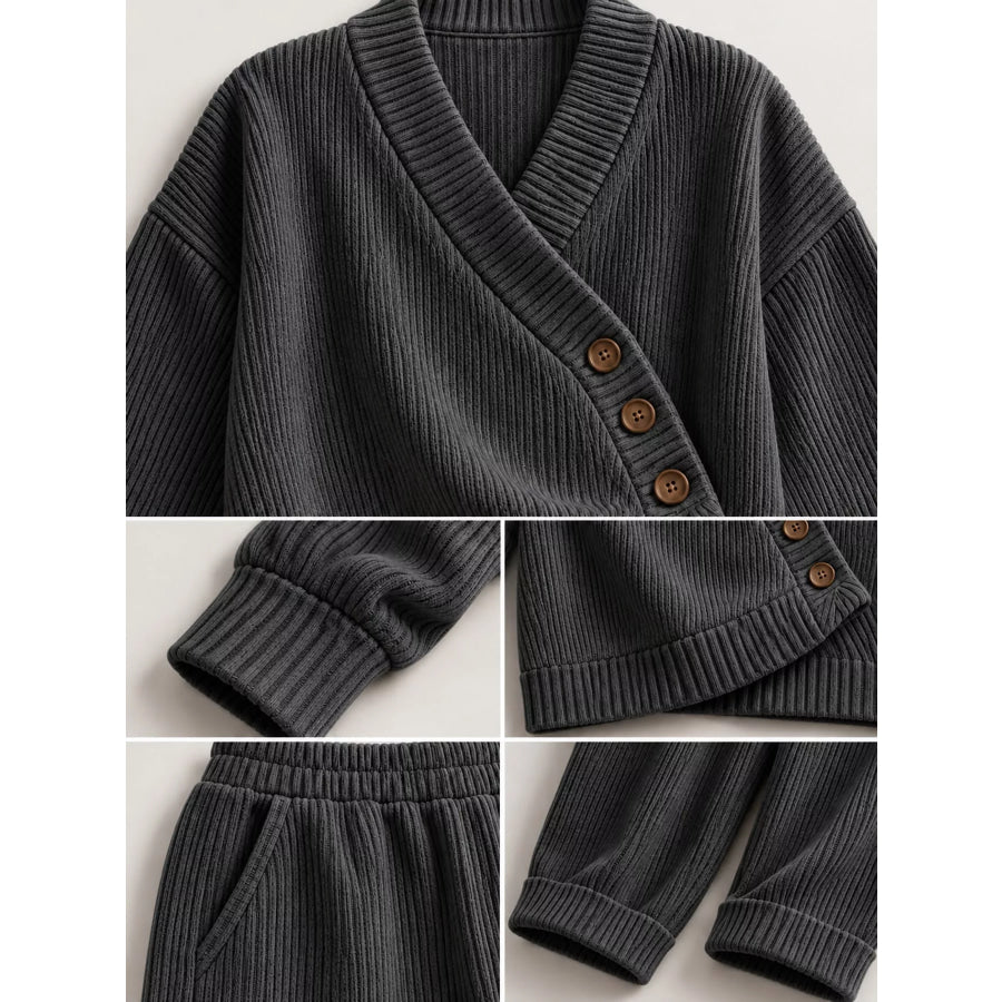 Full Size Elegant V-Neck Wrap Sweater and Wide-Leg Pants Set Plus Apparel Accessories