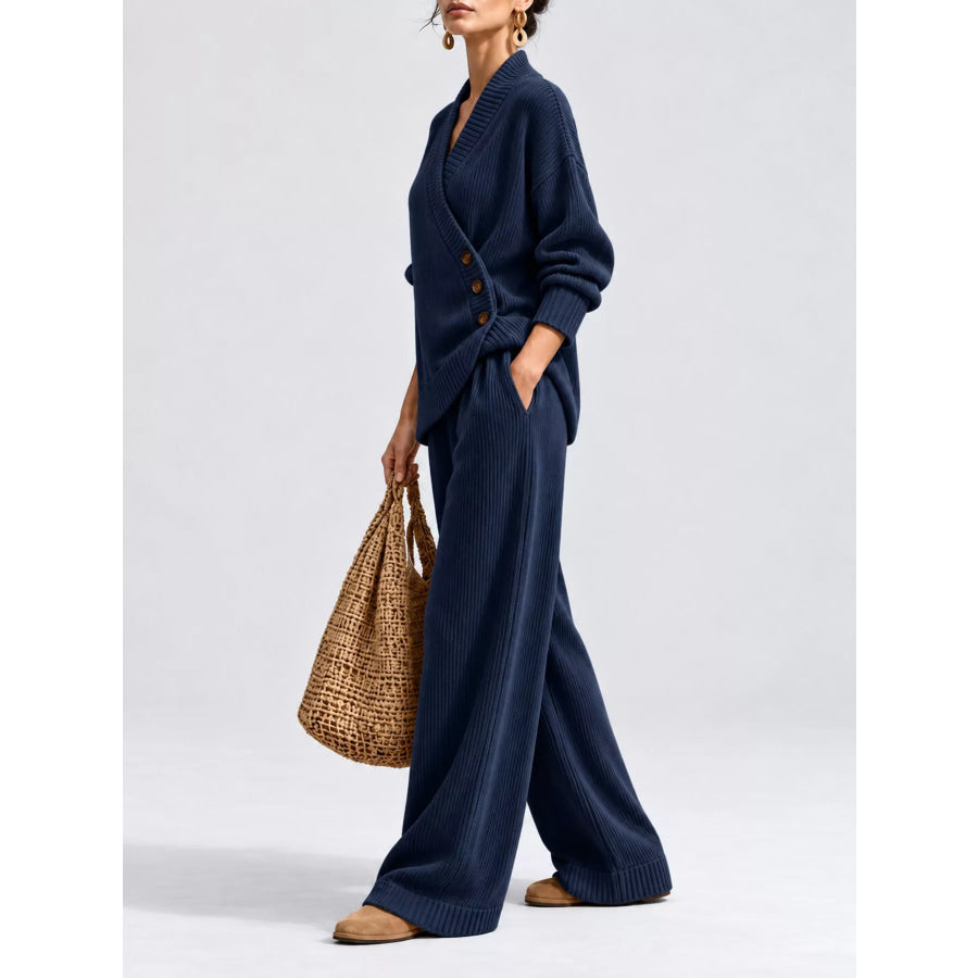 Full Size Elegant V-Neck Wrap Sweater and Wide-Leg Pants Set Plus Apparel Accessories