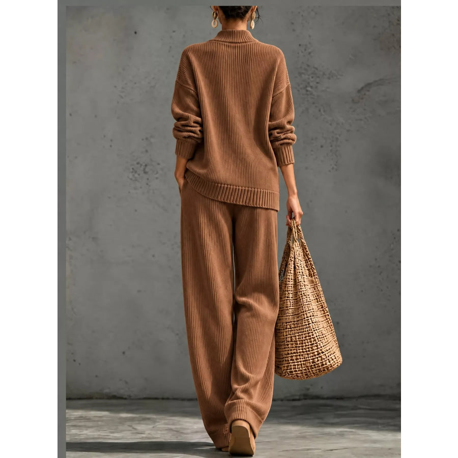 Full Size Elegant V-Neck Wrap Sweater and Wide-Leg Pants Set Plus Apparel Accessories