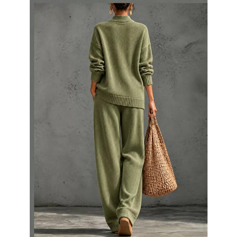 Full Size Elegant V-Neck Wrap Sweater and Wide-Leg Pants Set Plus Apparel Accessories