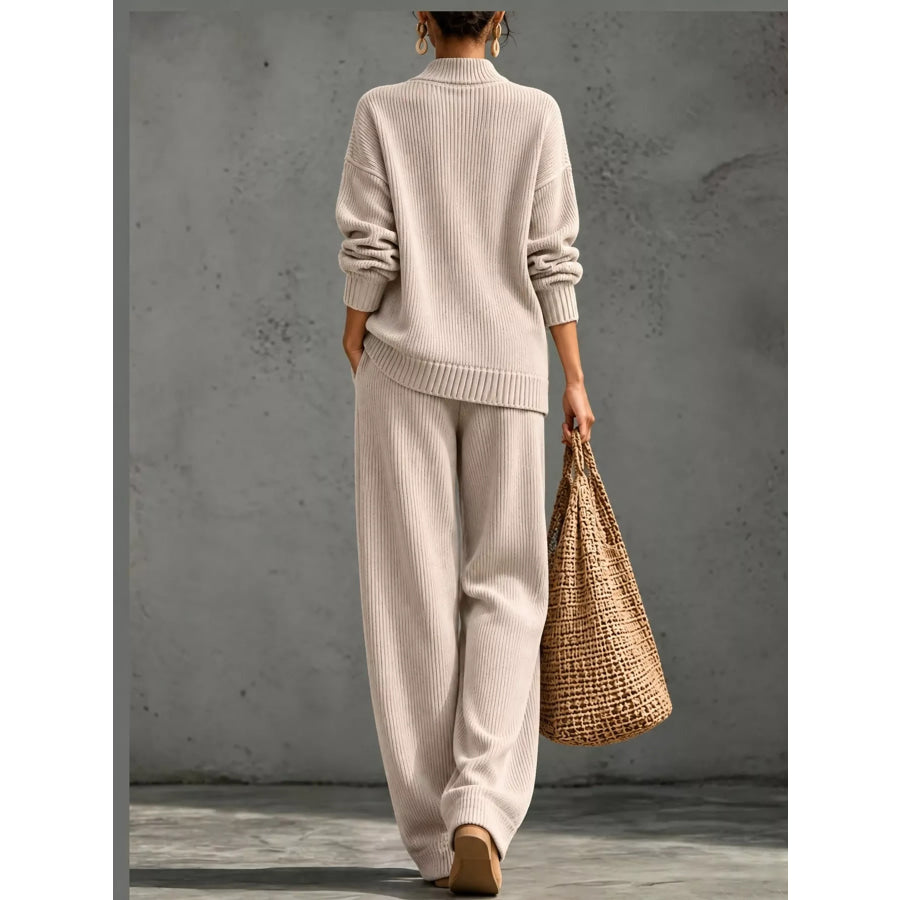 Full Size Elegant V-Neck Wrap Sweater and Wide-Leg Pants Set Plus Apparel Accessories
