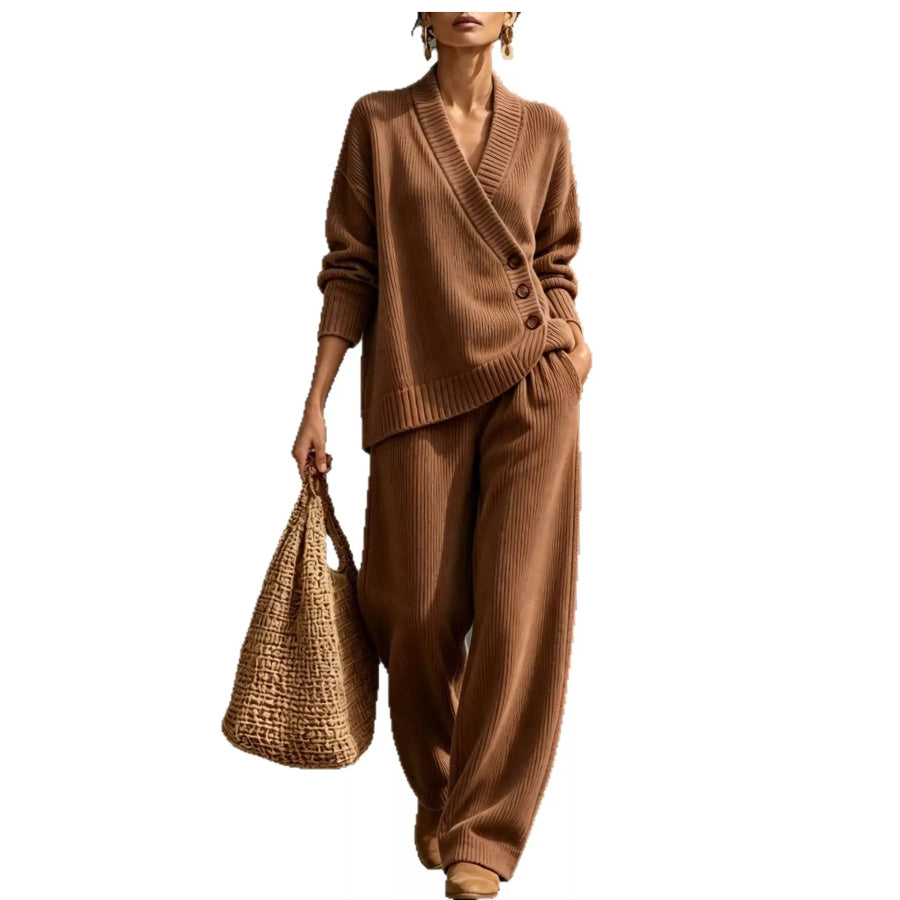 Full Size Elegant V-Neck Wrap Sweater and Wide-Leg Pants Set Plus Brown / S Apparel Accessories