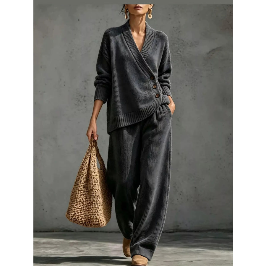 Full Size Elegant V-Neck Wrap Sweater and Wide-Leg Pants Set Plus Dark Gray / S Apparel Accessories