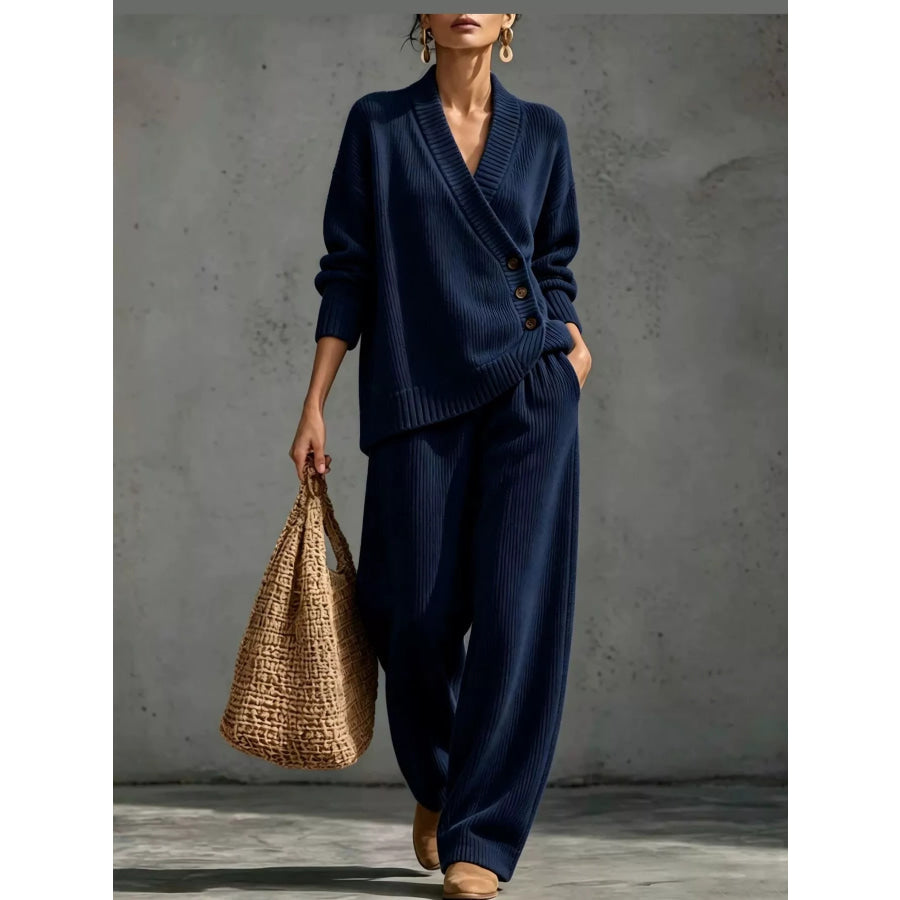 Full Size Elegant V-Neck Wrap Sweater and Wide-Leg Pants Set Plus Dark Navy / S Apparel Accessories