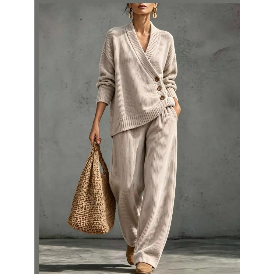 Full Size Elegant V-Neck Wrap Sweater and Wide-Leg Pants Set Plus Dust Storm / S Apparel Accessories