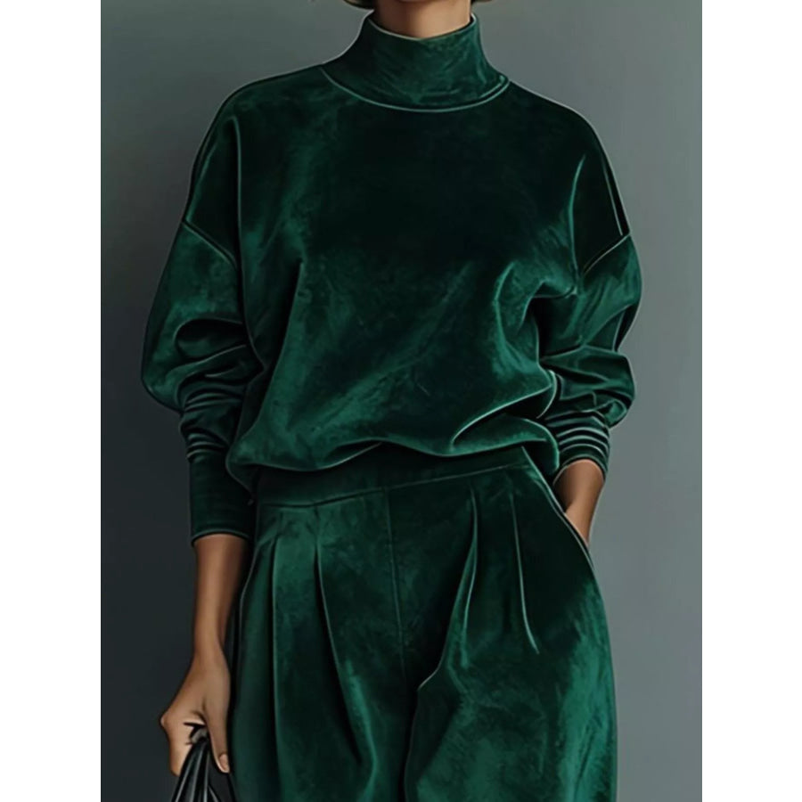 Full Size Elegant Velvet Mock Neck Long Sleeve Top and Wide-Leg Pants Set Plus Apparel Accessories