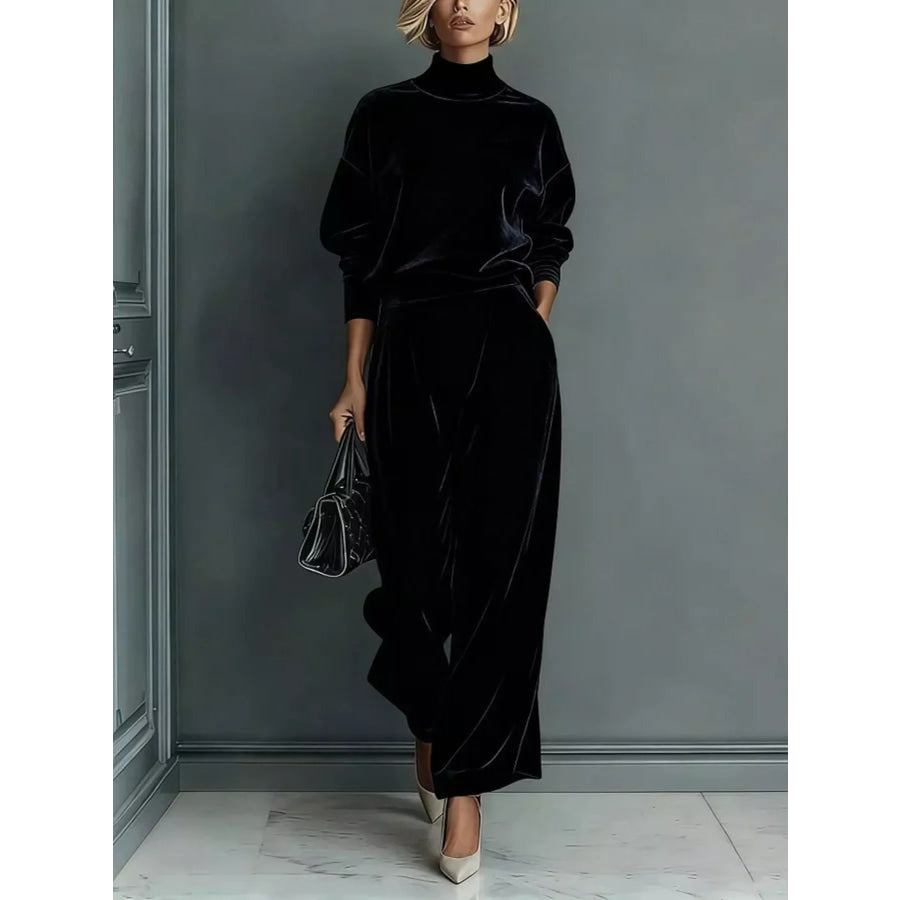 Full Size Elegant Velvet Mock Neck Long Sleeve Top and Wide-Leg Pants Set Plus Apparel Accessories