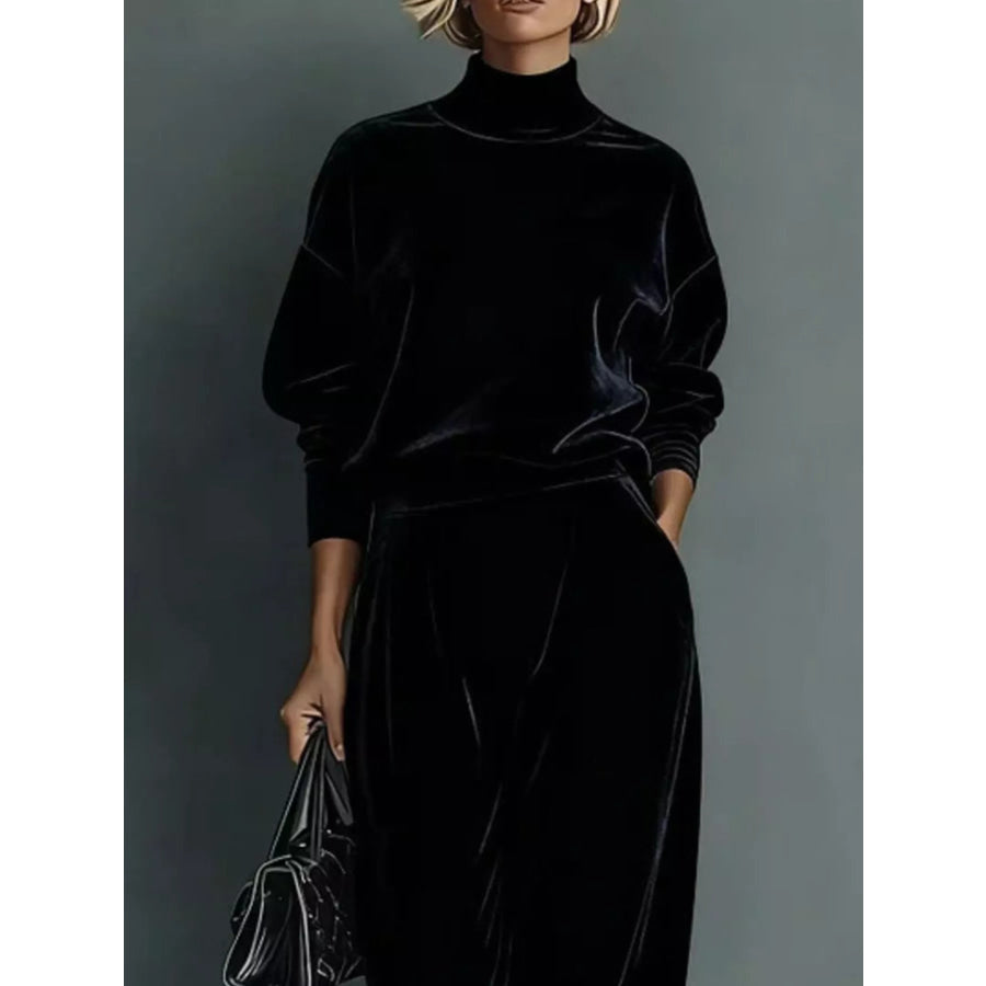 Full Size Elegant Velvet Mock Neck Long Sleeve Top and Wide-Leg Pants Set Plus Apparel Accessories
