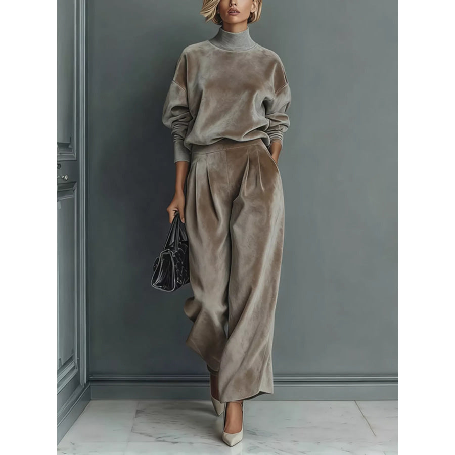 Full Size Elegant Velvet Mock Neck Long Sleeve Top and Wide-Leg Pants Set Plus Apparel Accessories