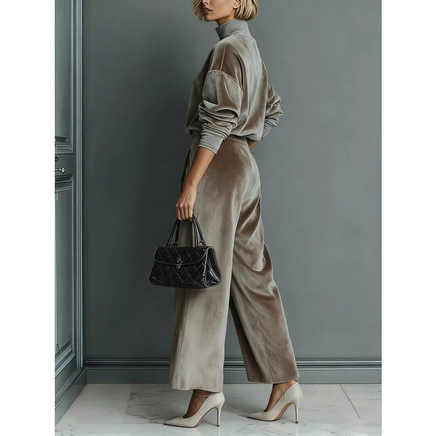 Full Size Elegant Velvet Mock Neck Long Sleeve Top and Wide-Leg Pants Set Plus Apparel Accessories
