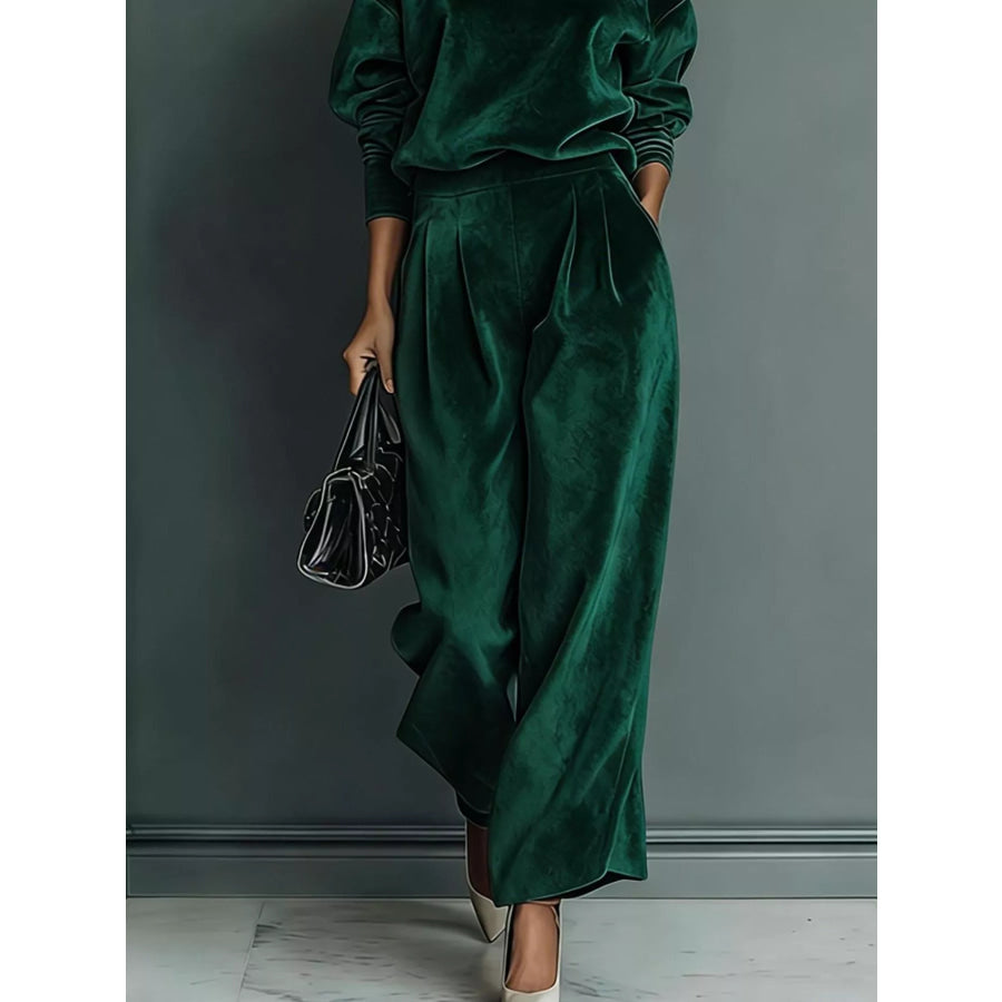 Full Size Elegant Velvet Mock Neck Long Sleeve Top and Wide-Leg Pants Set Plus Apparel Accessories