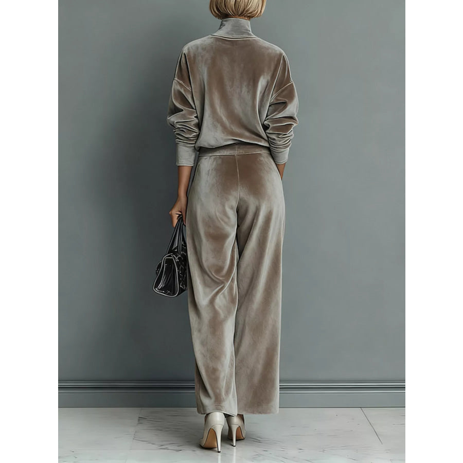 Full Size Elegant Velvet Mock Neck Long Sleeve Top and Wide-Leg Pants Set Plus Apparel Accessories