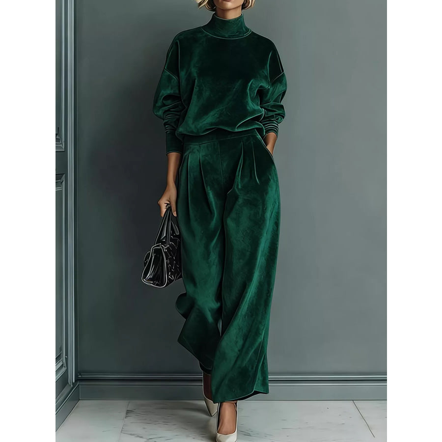 Full Size Elegant Velvet Mock Neck Long Sleeve Top and Wide-Leg Pants Set Plus Army Green / XS Apparel Accessories