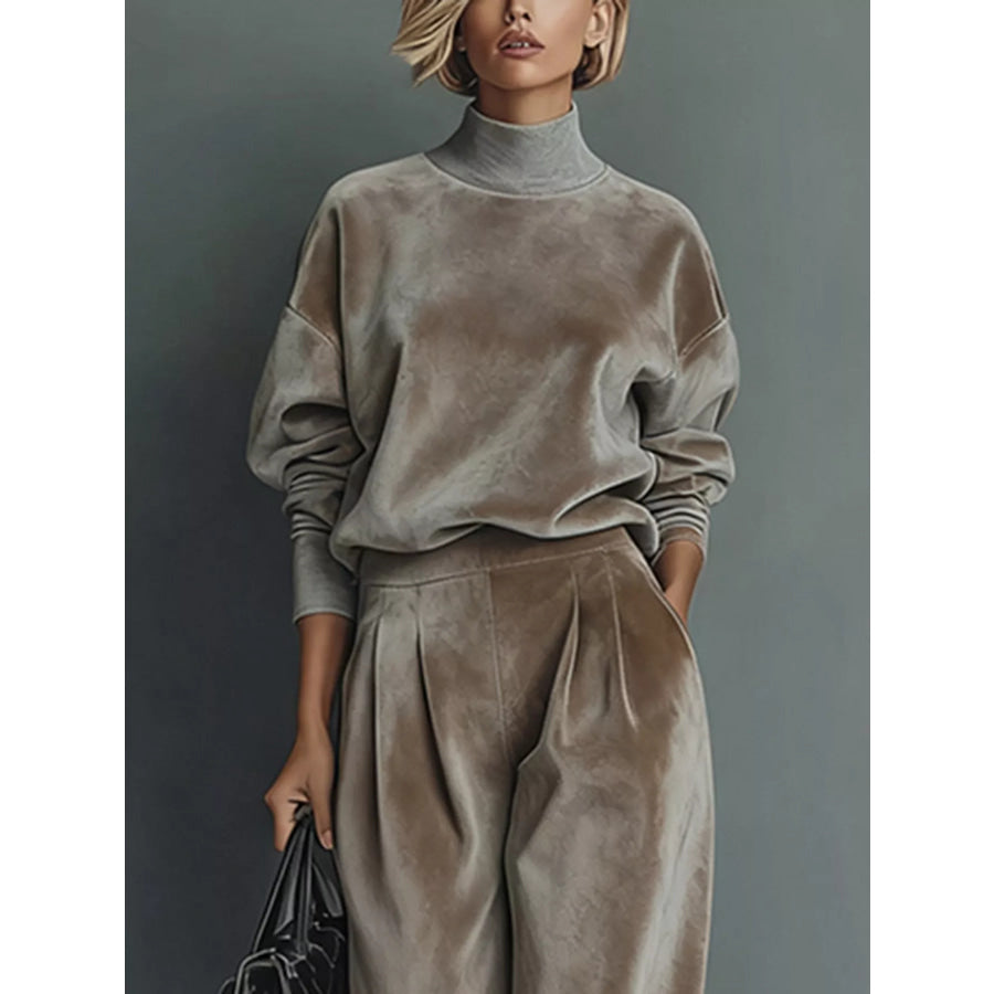 Full Size Elegant Velvet Mock Neck Long Sleeve Top and Wide-Leg Pants Set Plus Khaki / XS Apparel Accessories