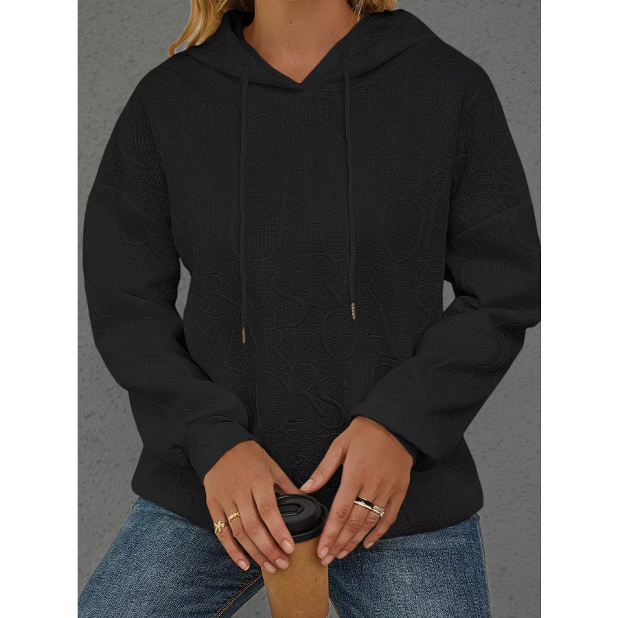 Full Size Embossed Lettering Casual Hoodie Plus Size Black / S Apparel and Accessories