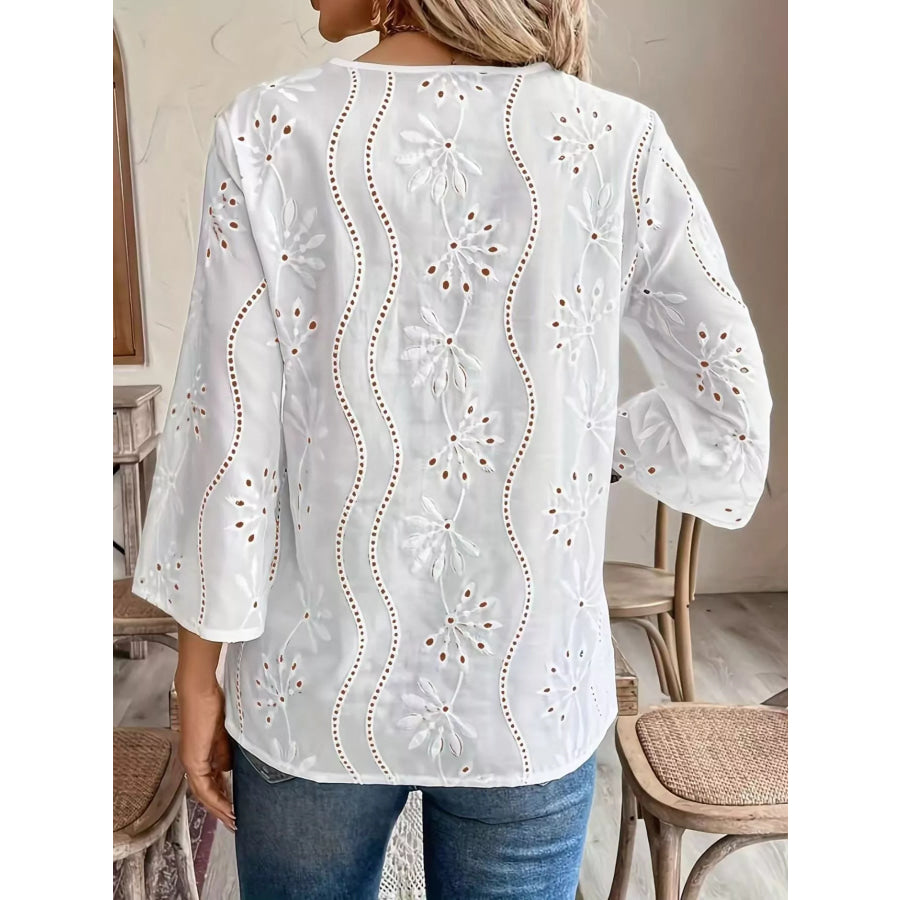 Full Size Embroidered Eyelet Long Sleeve Blouse Plus Size Apparel and Accessories