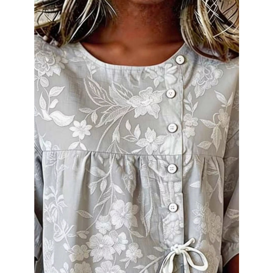 Full Size Embroidered Floral Tie Front Shirt Plus Size Apparel and Accessories