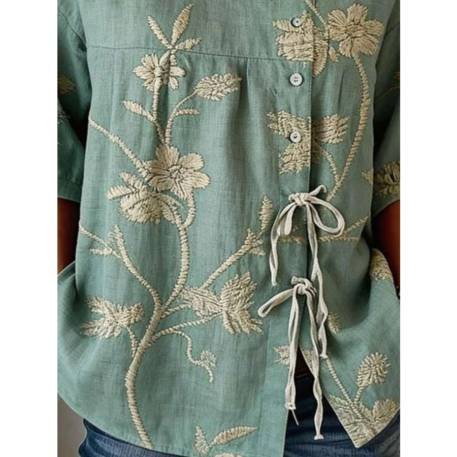 Full Size Embroidered Floral Tie Front Shirt Plus Size Apparel and Accessories