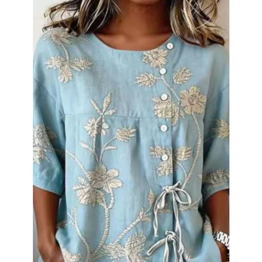 Full Size Embroidered Floral Tie Front Shirt Plus Size Apparel and Accessories