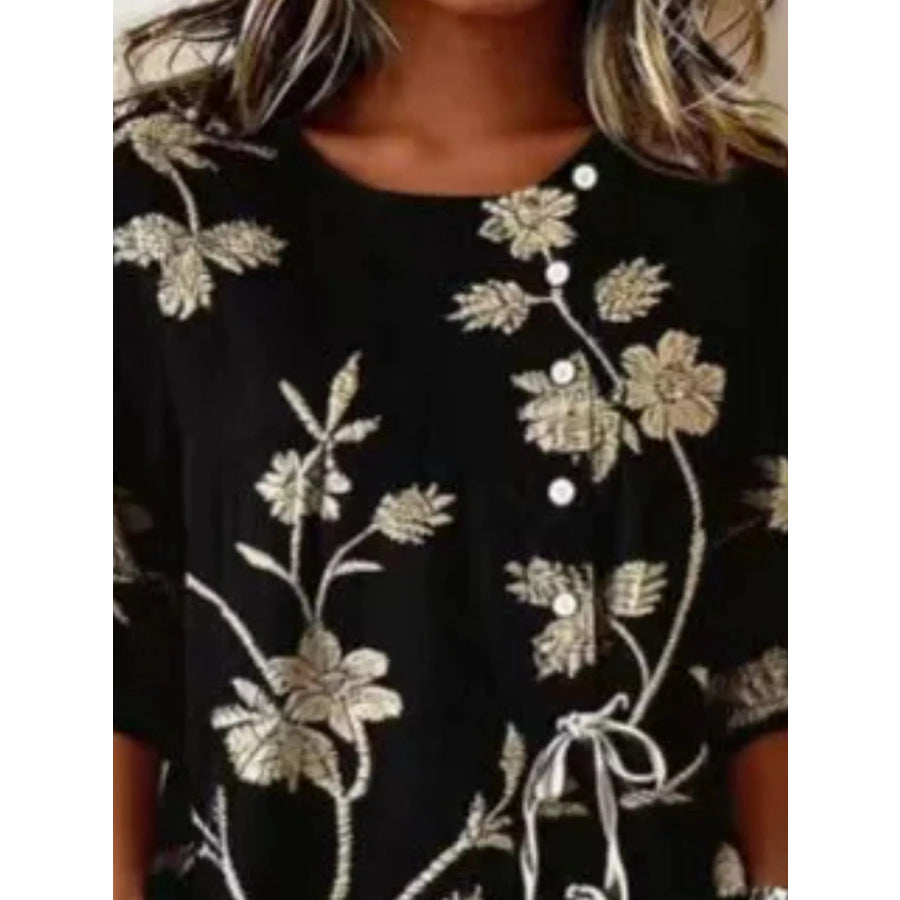 Full Size Embroidered Floral Tie Front Shirt Plus Size Apparel and Accessories