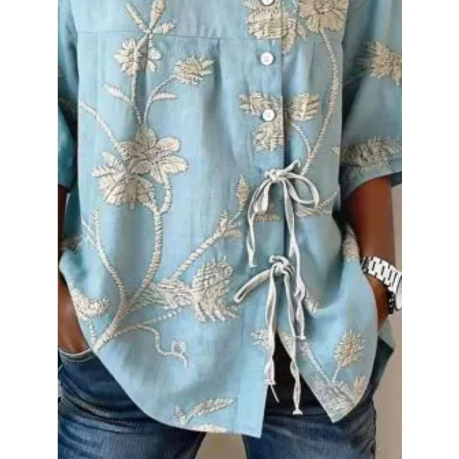 Full Size Embroidered Floral Tie Front Shirt Plus Size Apparel and Accessories