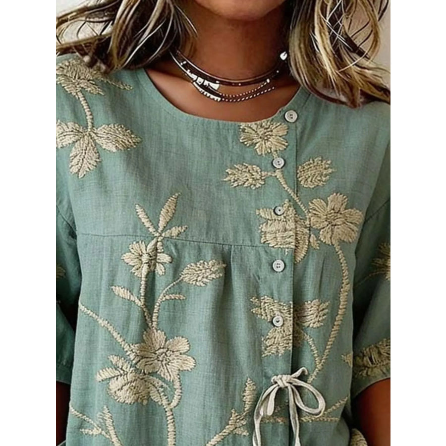 Full Size Embroidered Floral Tie Front Shirt Plus Size Apparel and Accessories