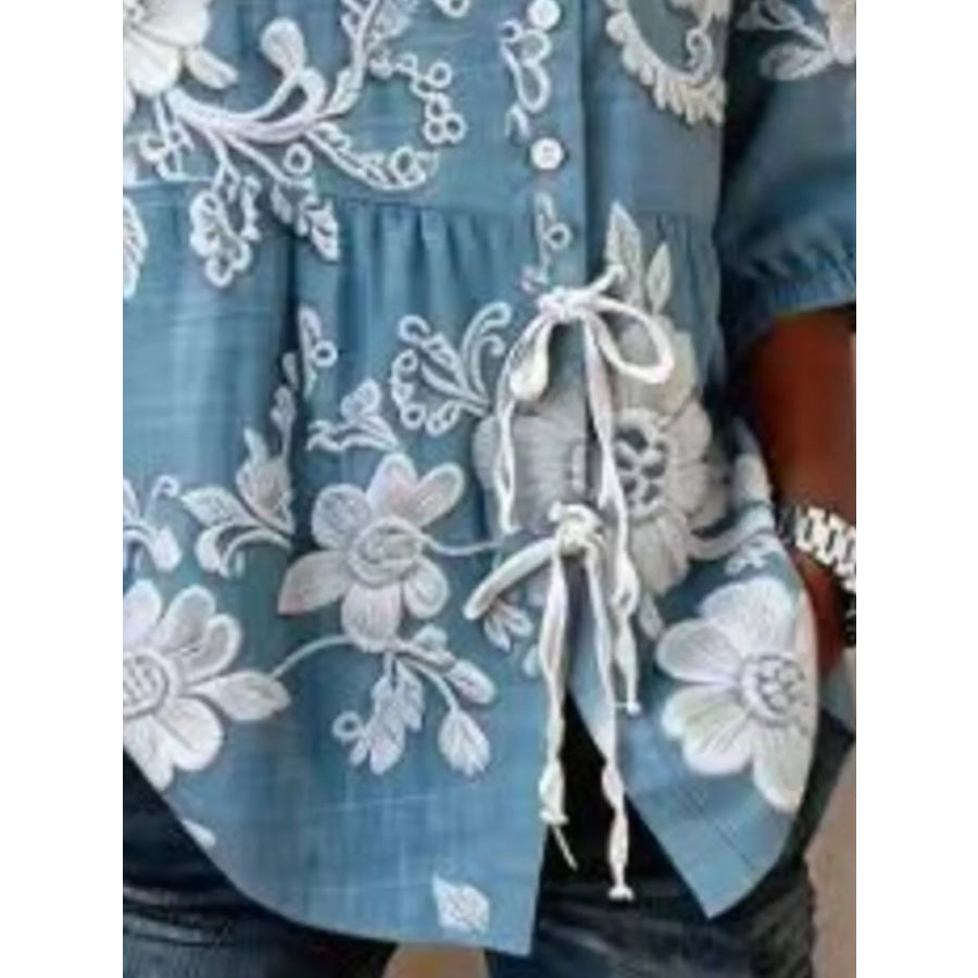 Full Size Embroidered Floral Tie Front Shirt Plus Size Apparel and Accessories