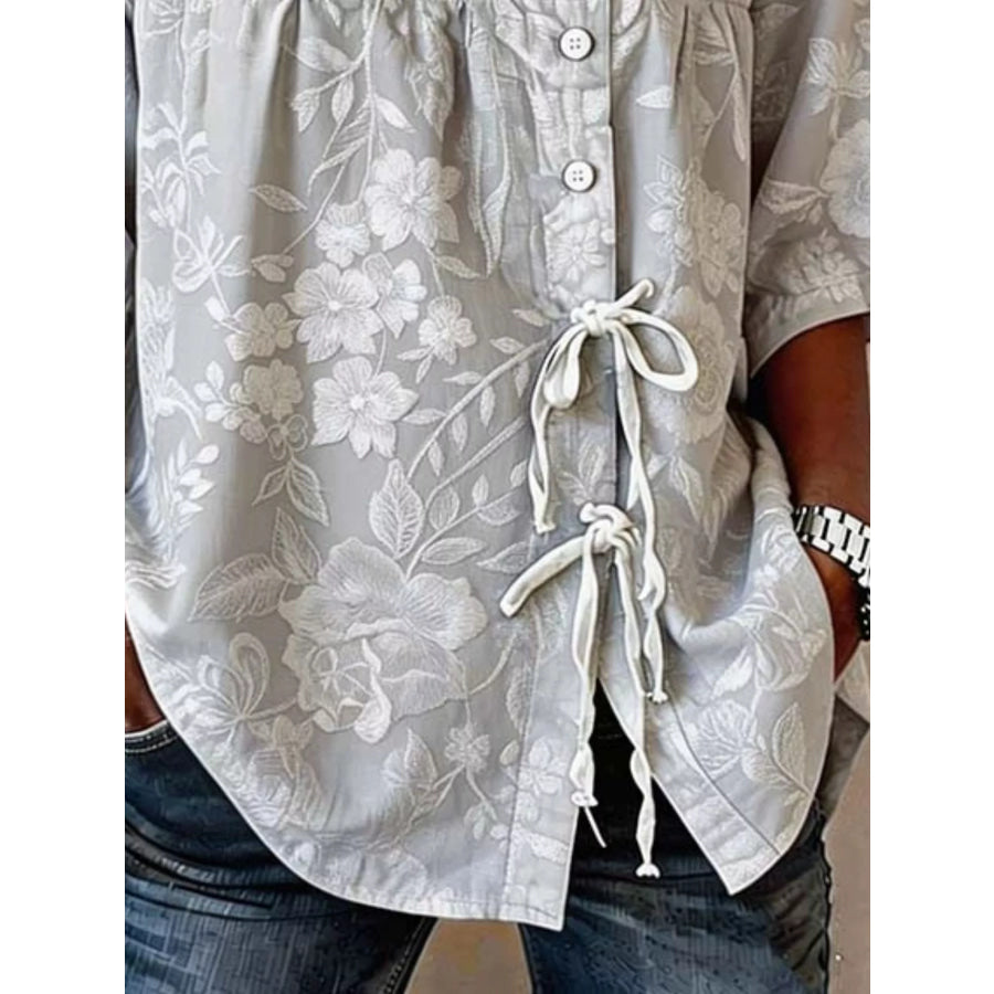 Full Size Embroidered Floral Tie Front Shirt Plus Size Apparel and Accessories