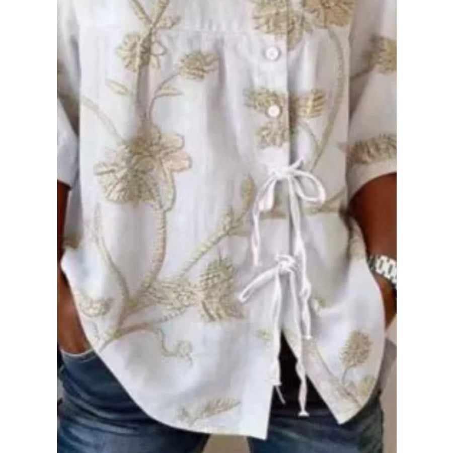 Full Size Embroidered Floral Tie Front Shirt Plus Size Apparel and Accessories