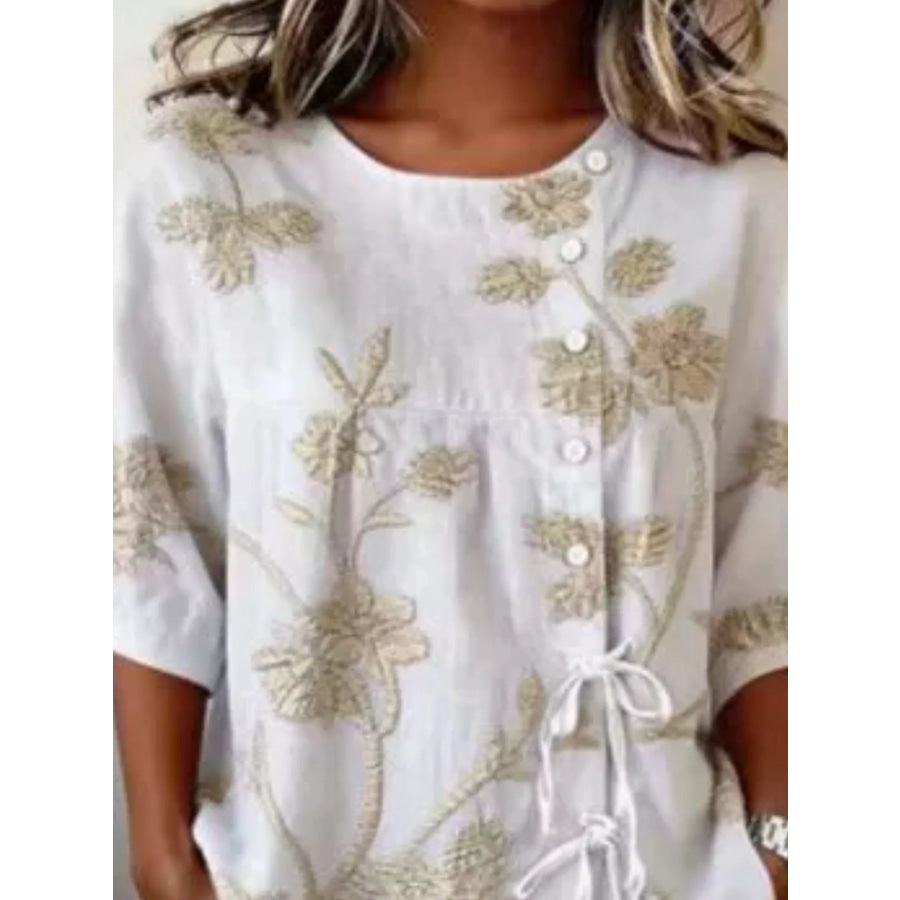 Full Size Embroidered Floral Tie Front Shirt Plus Size Apparel and Accessories