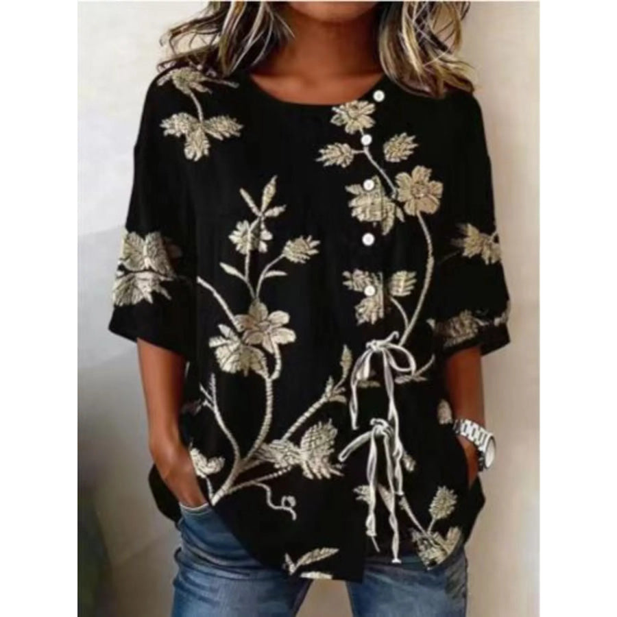 Full Size Embroidered Floral Tie Front Shirt Plus Size Black / S Apparel and Accessories
