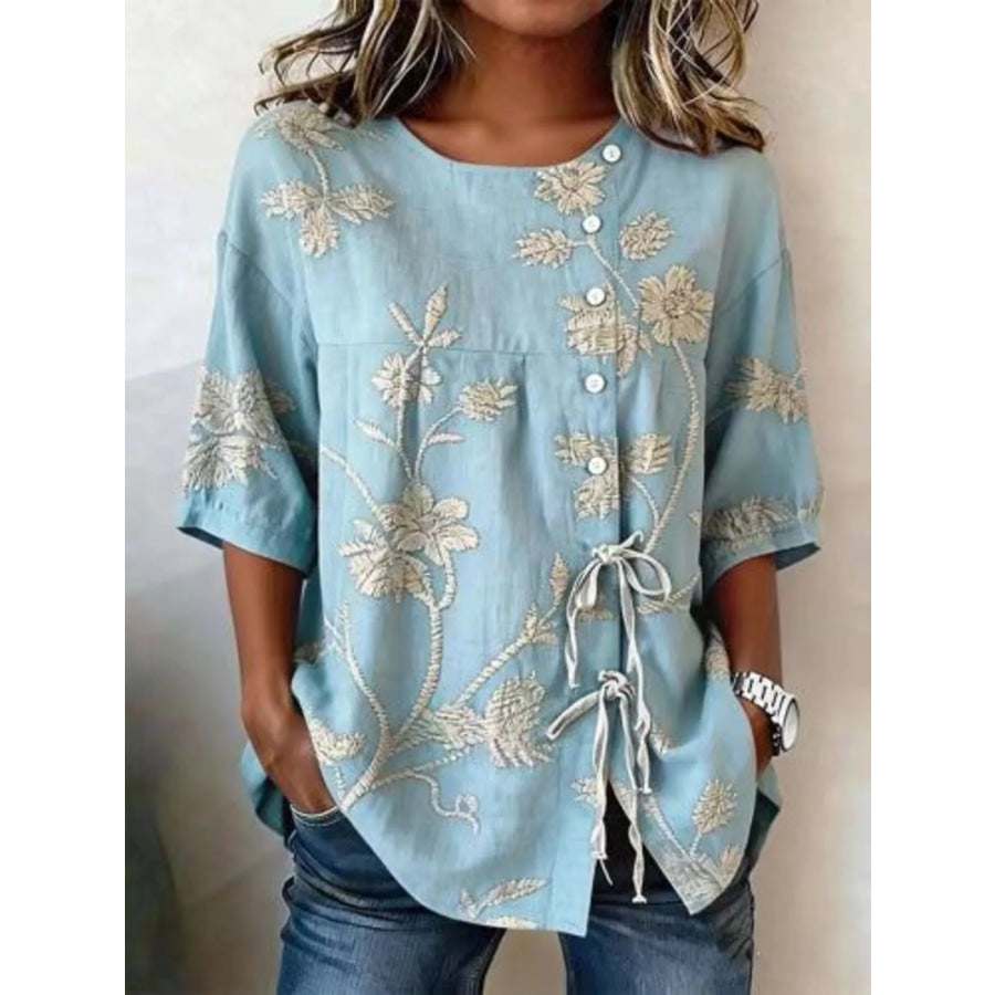 Full Size Embroidered Floral Tie Front Shirt Plus Size Blue / S Apparel and Accessories