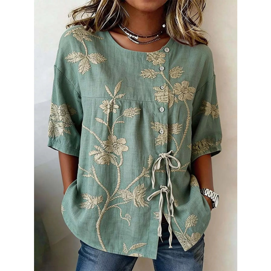 Full Size Embroidered Floral Tie Front Shirt Plus Size Green / S Apparel and Accessories
