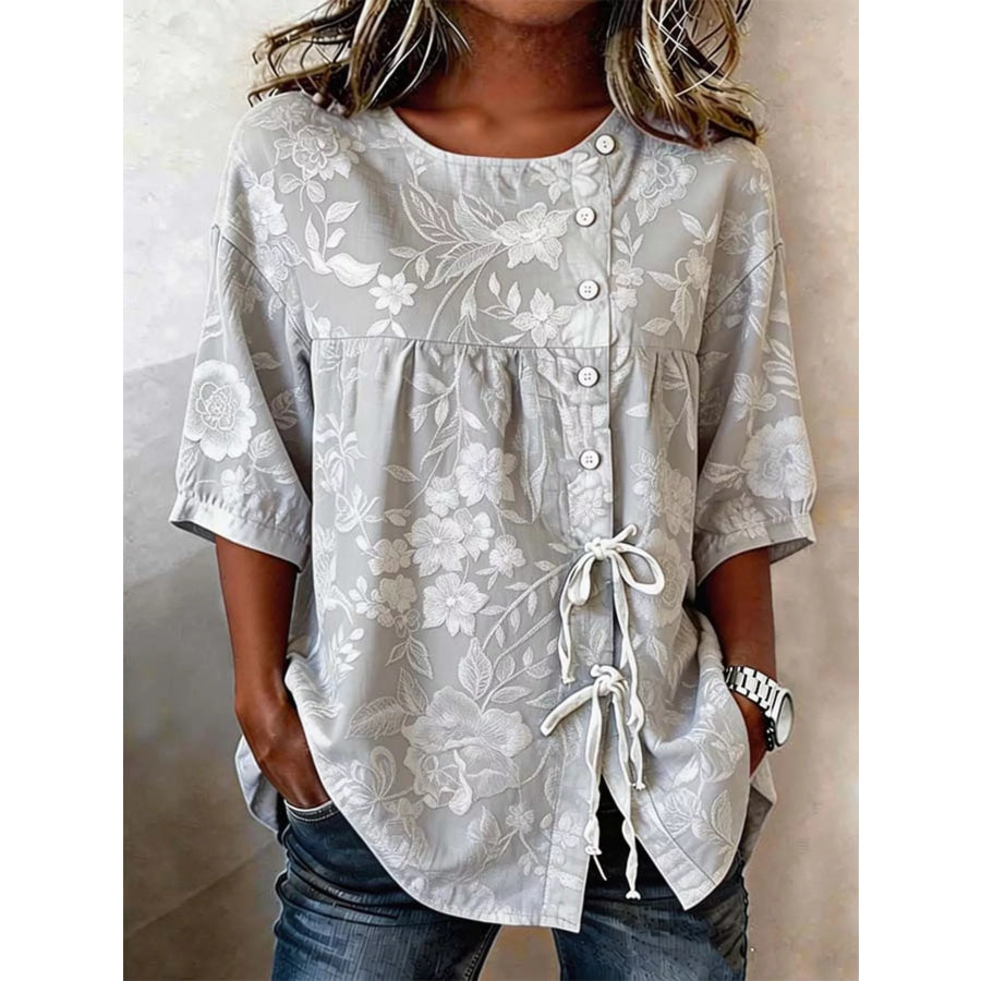 Full Size Embroidered Floral Tie Front Shirt Plus Size Grey / S Apparel and Accessories