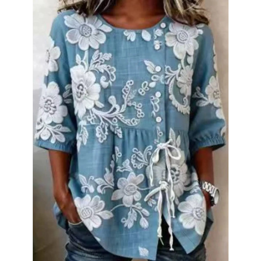 Full Size Embroidered Floral Tie Front Shirt Plus Size Sky Blue / S Apparel and Accessories