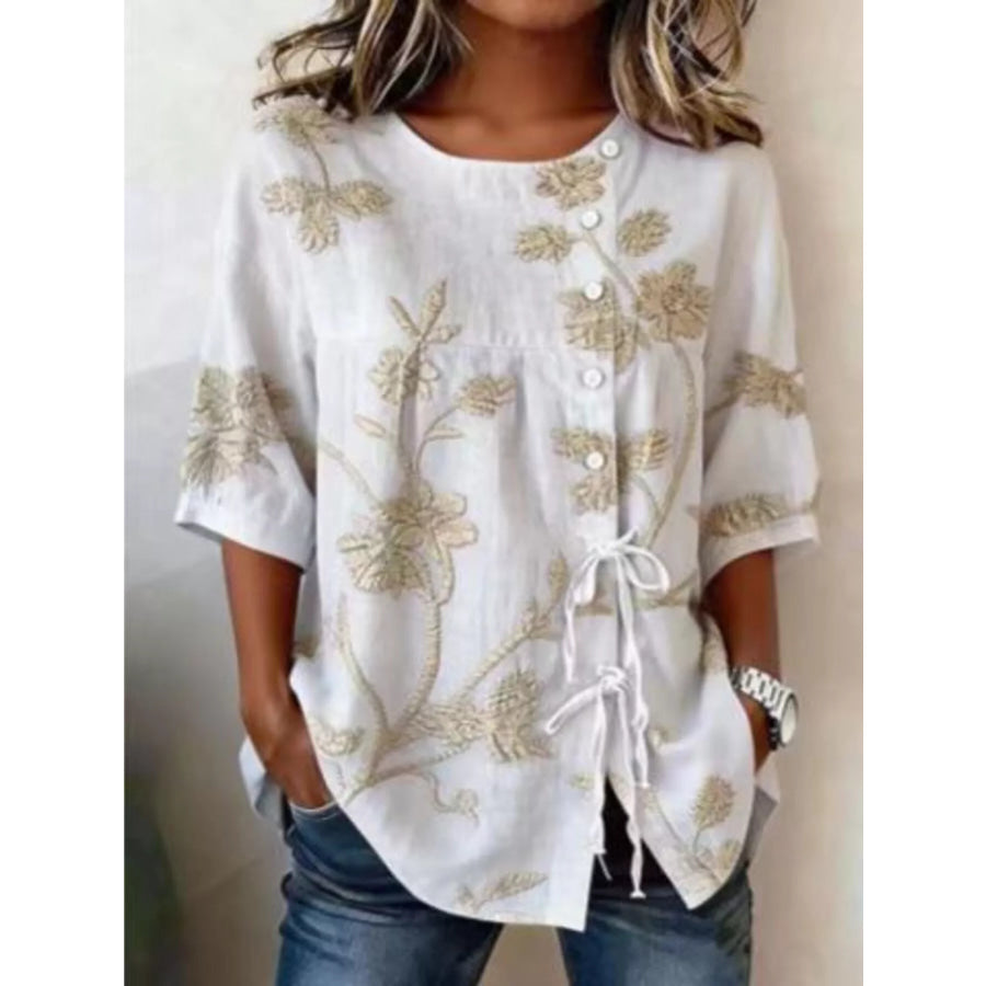 Full Size Embroidered Floral Tie Front Shirt Plus Size White / S Apparel and Accessories