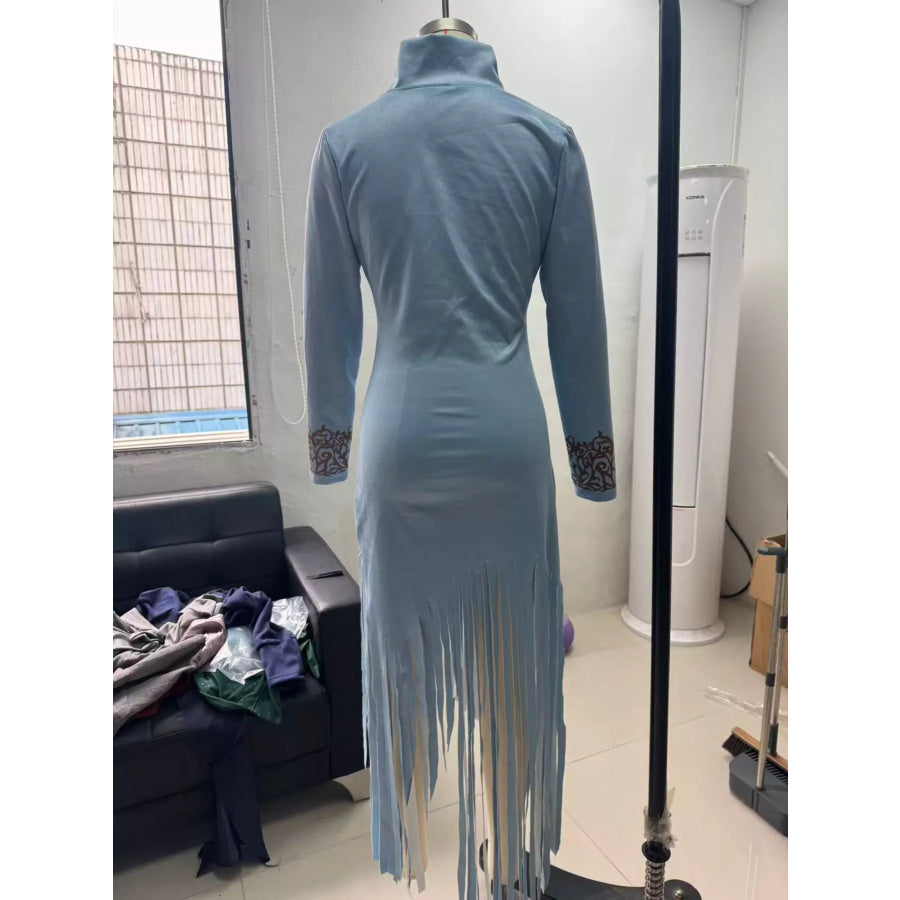 Full Size Embroidered Fringed Zip Front Maxi Dress Plus Apparel and Accessories