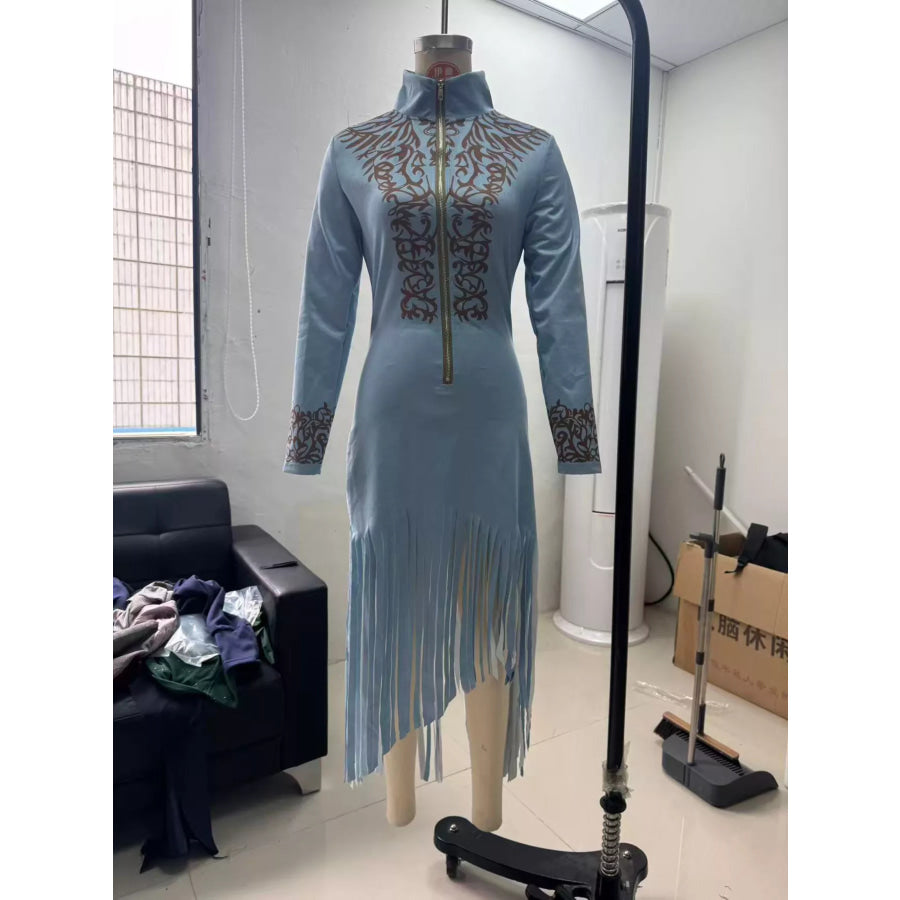 Full Size Embroidered Fringed Zip Front Maxi Dress Plus Apparel and Accessories