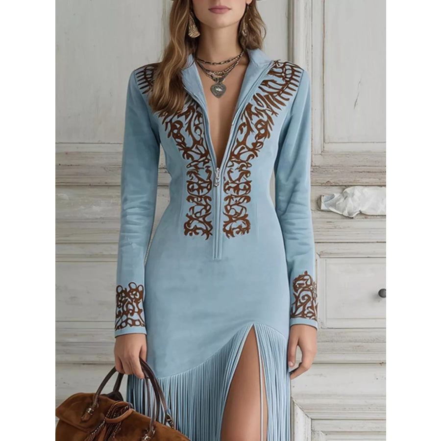 Full Size Embroidered Fringed Zip Front Maxi Dress Plus Light Blue / S Apparel and Accessories