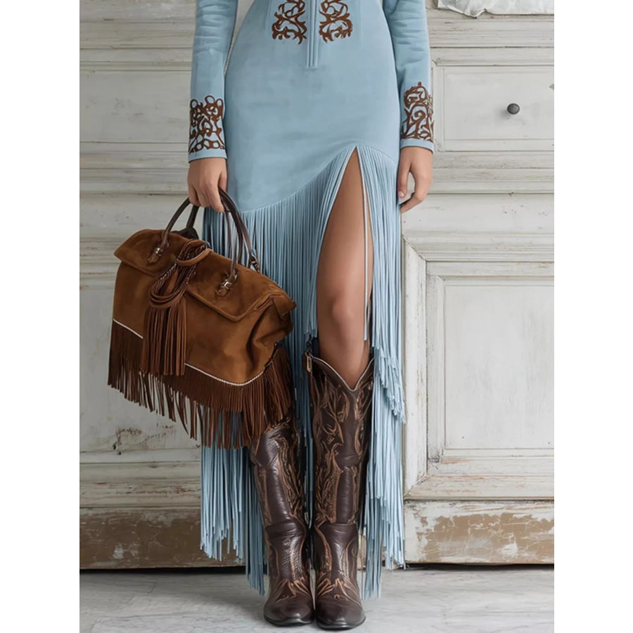 Full Size Embroidered Fringed Zip Front Maxi Dress Plus Apparel and Accessories