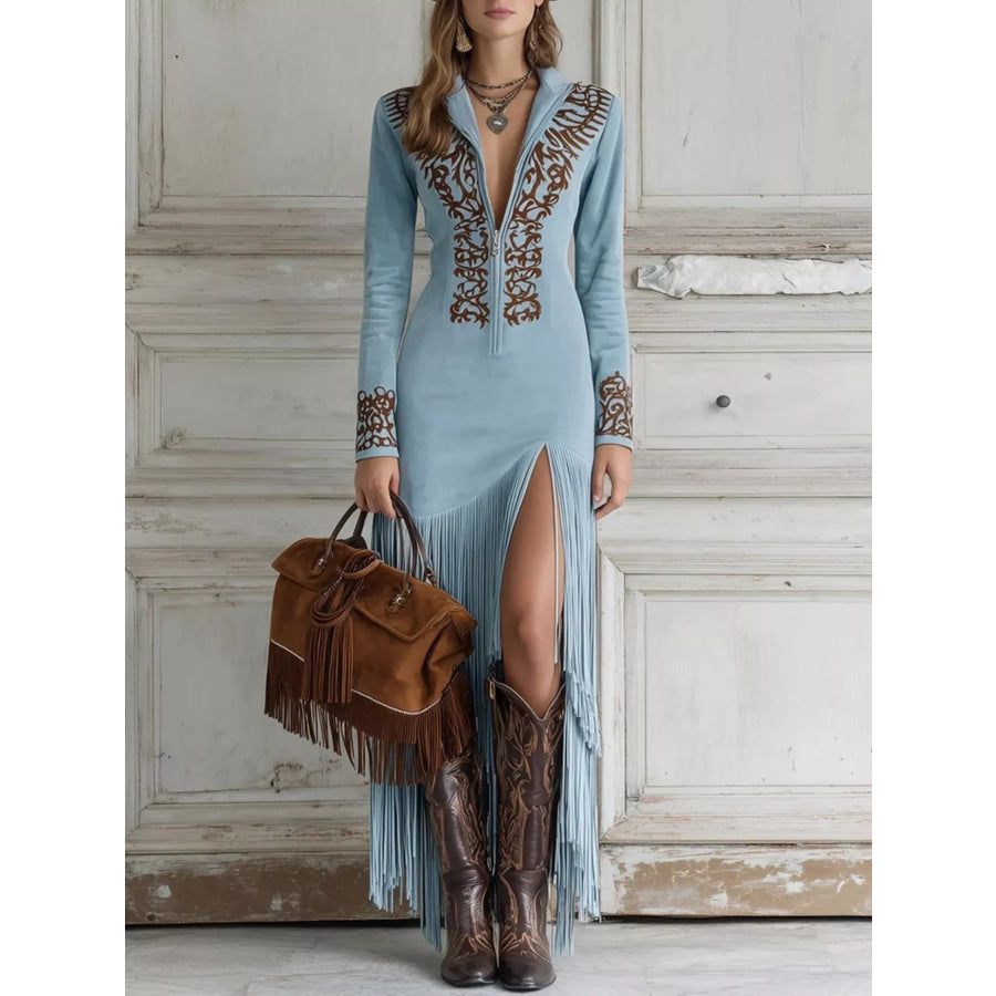 Full Size Embroidered Fringed Zip Front Maxi Dress Plus Light Blue / S Apparel and Accessories